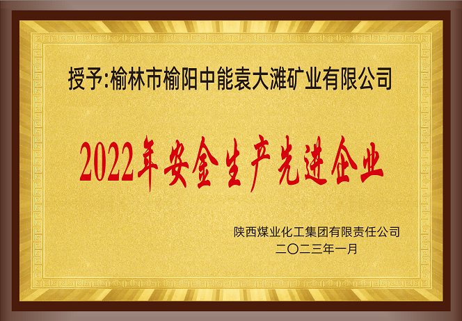 2023年1月陕西煤业化工集团有限公司 授予 榆林市榆阳j9国际站备用袁大滩矿业有限公司 2022年安全出产先进企业.png